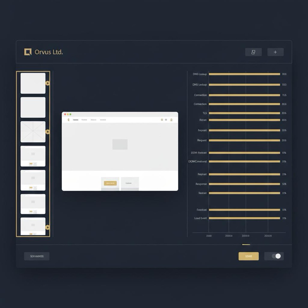 Close-up screenshot of a landing page test UI with filmstrip frames and a waterfall chart showing how to speed up a landing page? Orvus Ltd. navy background #0B1E33 and gold accents #C8A45D.