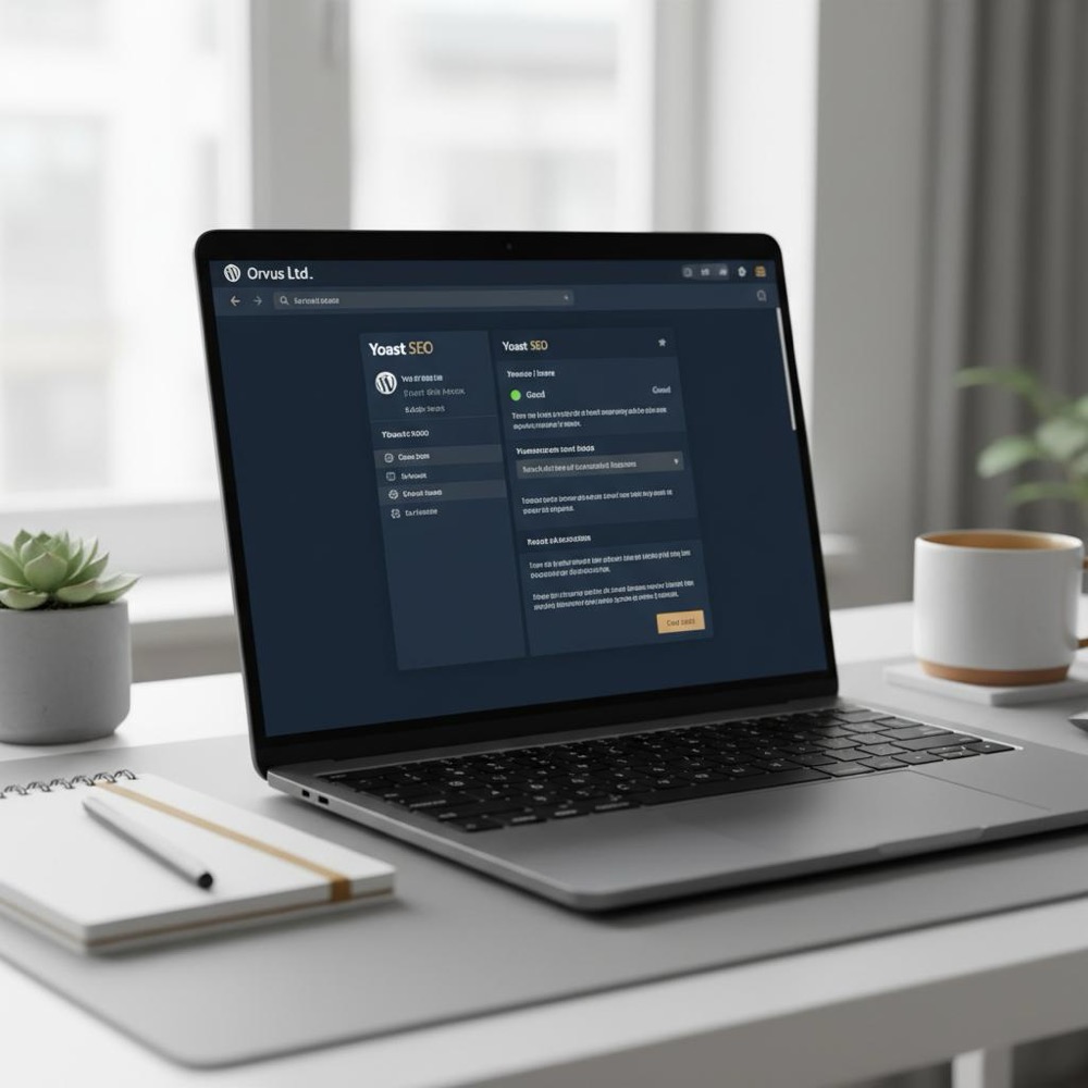 Close-up laptop screen showing WordPress dashboard with Yoast SEO panels, minimalist desk with #C8A45D-accent notebook and mug, focused composition - yoast seo pricing