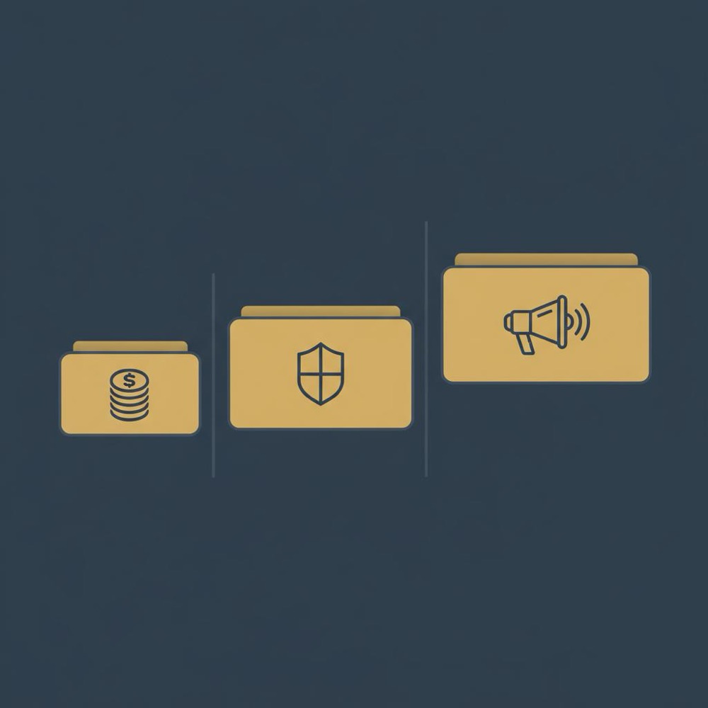 Minimal vector infographic with three tiered boxes and icons representing budget, mid-tier, and premium plans for backlink pricing