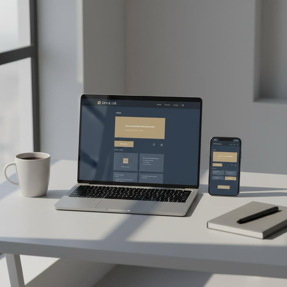 Minimalist workspace with laptop showing a website wireframe and phone showing mobile version in Orvus Ltd colors; does web design affect SEO