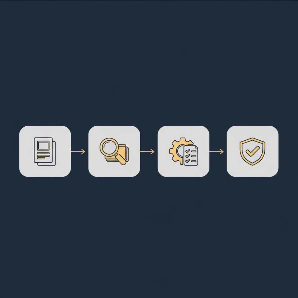 Minimal 2D vector infographic for ChatGPT for SEO showing four-step workflow: brief, retrieval, automated checks, human verification on dark navy background with gold accents.