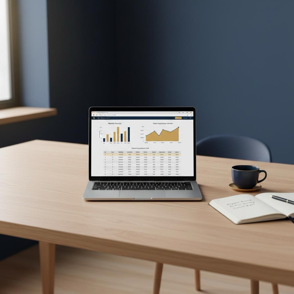 Minimalist workspace with laptop showing revenue charts and a notebook with SEO notes in Orvus Ltd. colors - how much do SEOs earn