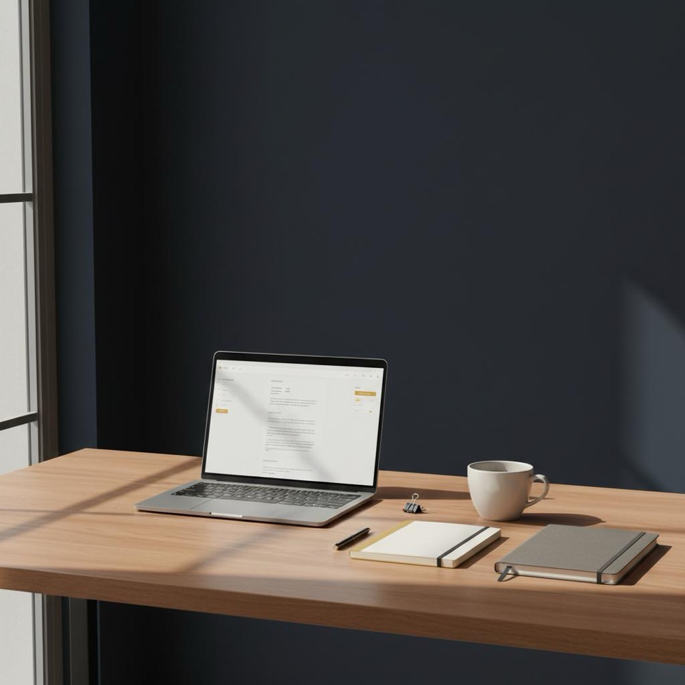 Minimalist workspace with open laptop showing a draft, notebook with #C8A45D accent, coffee on wooden desk under natural light - chatgpt for writers