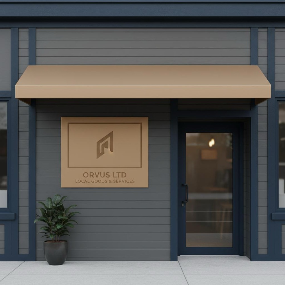 Clean small storefront with prominent blank logo panel and clear signage in Orvus Ltd tones, minimalist exterior photo for local SEO for small businesses