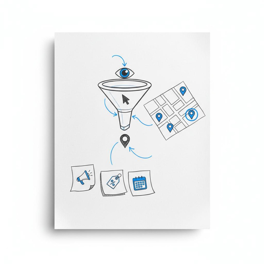 Top-down sketch on a clean notebook page showing a marketing funnel with icons, a small neighborhood map with pins, and sticky-note promo doodles in brand colors - advertise on Nextdoor cost