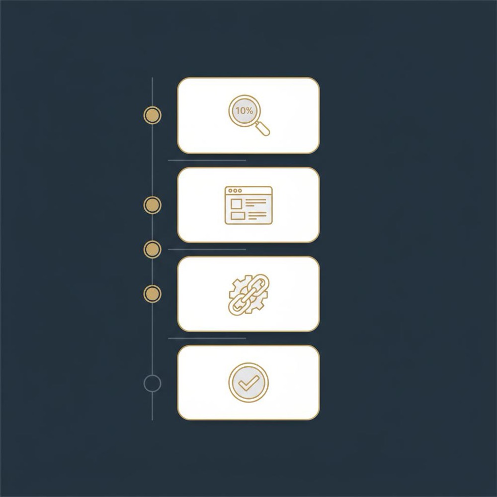 Minimal 2D vector checklist infographic showing five step-by-step icons for on-site SEO on a #0B1E33 background with #C8A45D accents, clean minimalist layout