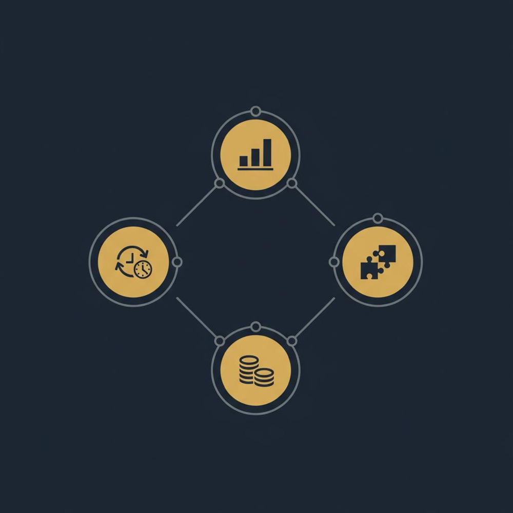Minimal 2D vector infographic of four connected gold nodes representing measurement, data freshness, integrations and total cost on dark navy background - best seo platform