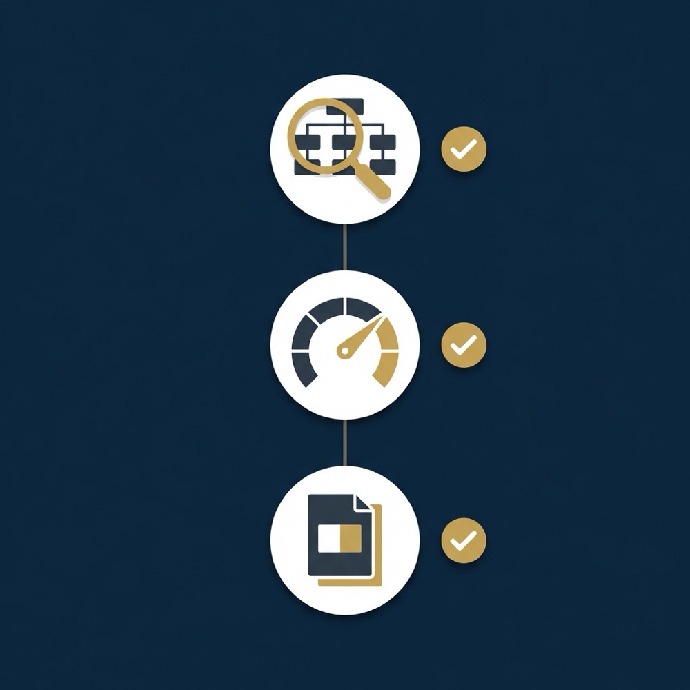 Minimal 2D vector infographic for google search engine optimization showing three icon checklist for crawlability core web vitals and content gaps in dark blue and gold
