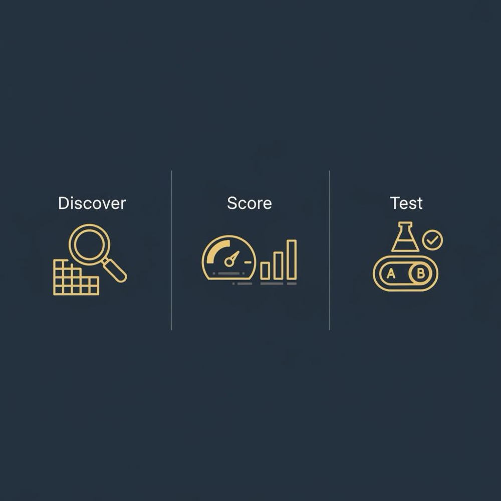 Minimal three-column 2D vector infographic with icons for discover, score, and test on dark navy background using Orvus Ltd. brand colors - competitor keyword analysis
