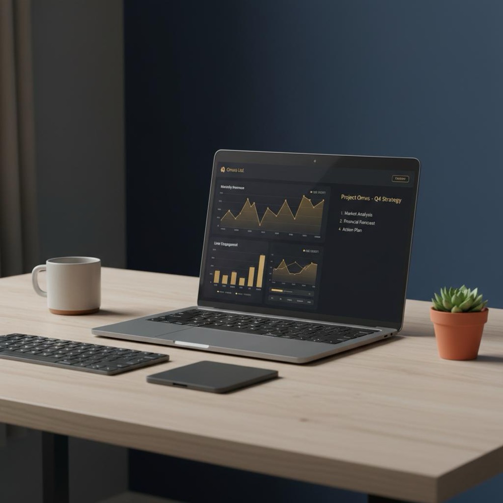 Minimalist laptop workspace showing analytics charts and a content outline on screen in Orvus Ltd brand colors, natural light - monthly seo cost