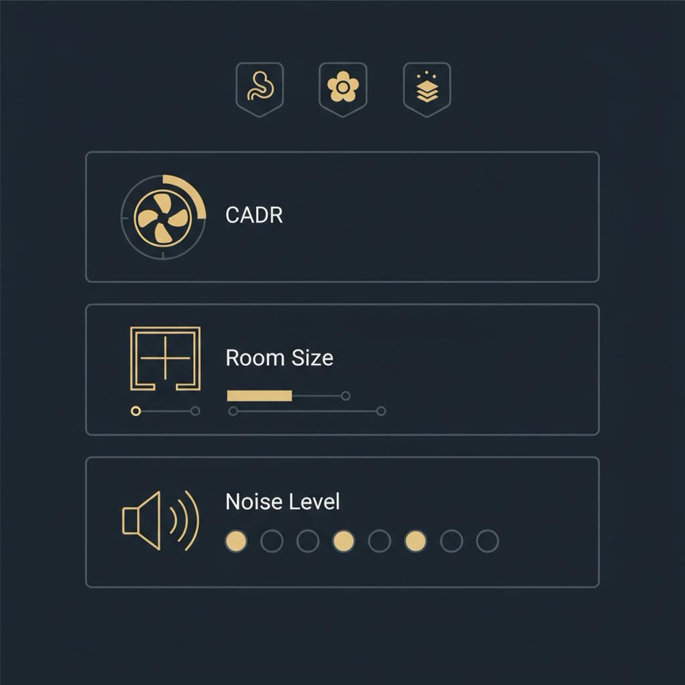 Minimal 2D vector infographic showing CADR, room size and noise levels with smoke, pollen and dust icons in Orvus Ltd. colors, SEO PowerSuite