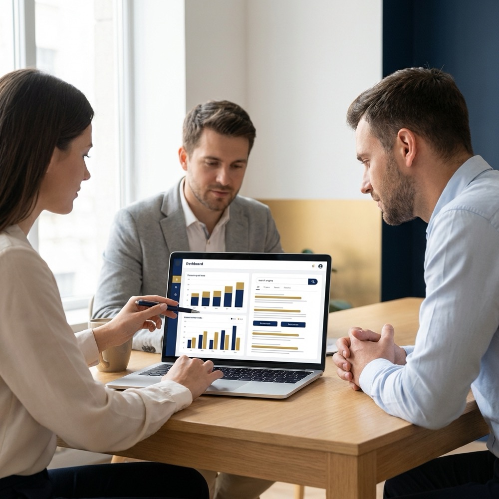 Three team members reviewing page analytics and SERP snippets on a laptop in a minimalist navy and gold workspace for content optimization