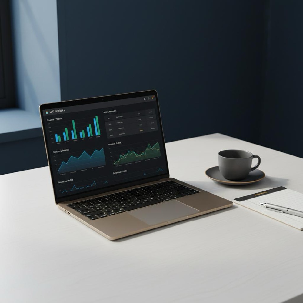 Minimalist workspace with laptop showing an SEO analytics dashboard, notebook and coffee cup on deep blue background with subtle #C8A45D accents - how much does an seo expert cost