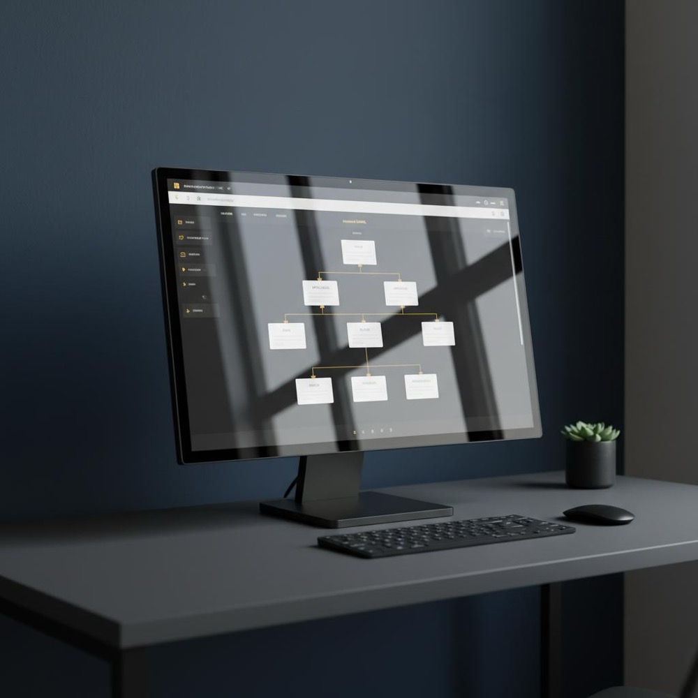 Minimalist clean workspace with centered monitor showing a site architecture diagram and highlighted internal links in Orvus Ltd colors, illustrating hyperlinking good for SEO.