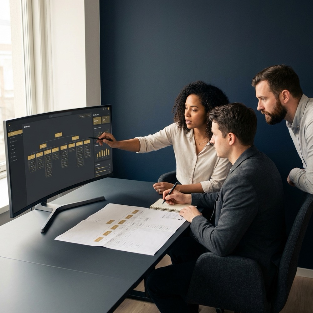 Small team reviewing site map and analytics dashboard in a minimalist navy and gold office with rankmath seo workflow