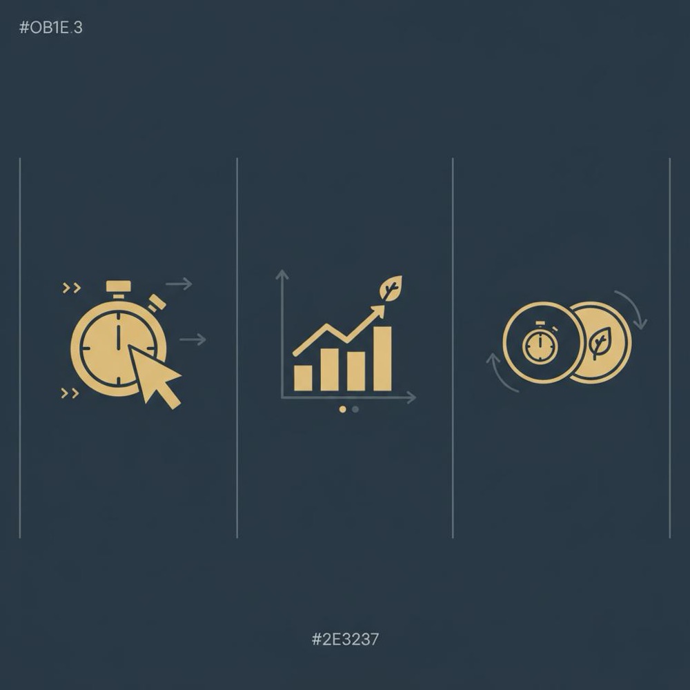 Minimal 2D vector infographic with three icon panels comparing PPC (fast) vs SEO (long-term) and combined strategy - is ppc harder than seo