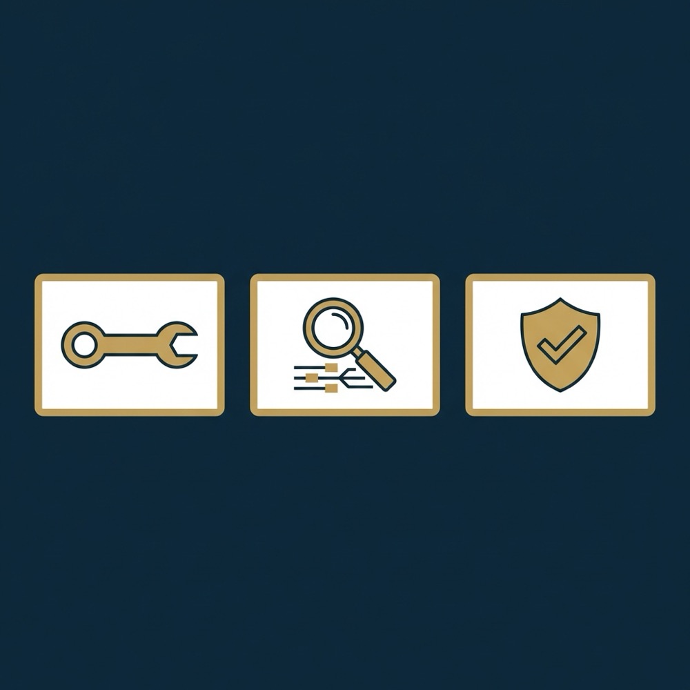 keywordsurfer minimalist vector infographic with three icons for install test verify on deep blue background using Orvus Ltd brand colors