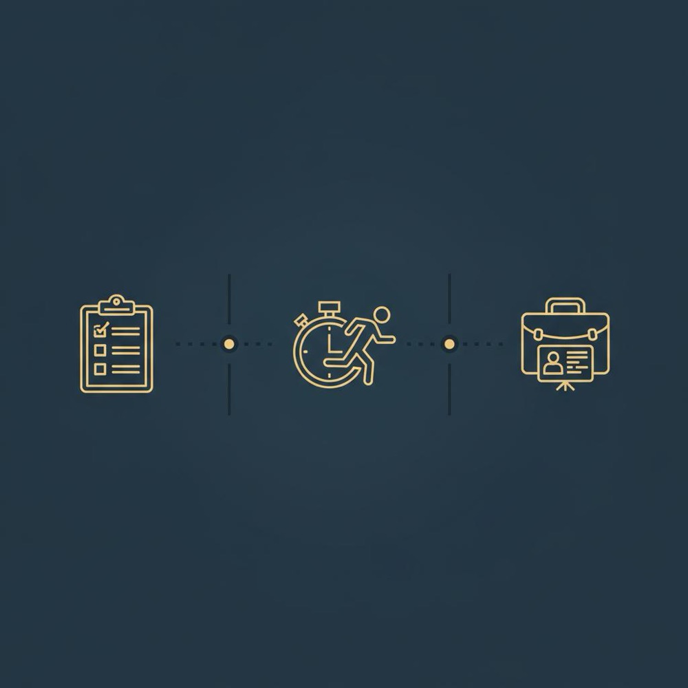 Minimal 2D vector infographic showing three icon stages (free checks, trial sprint, paid project) in Orvus Ltd. brand colors, semrush free