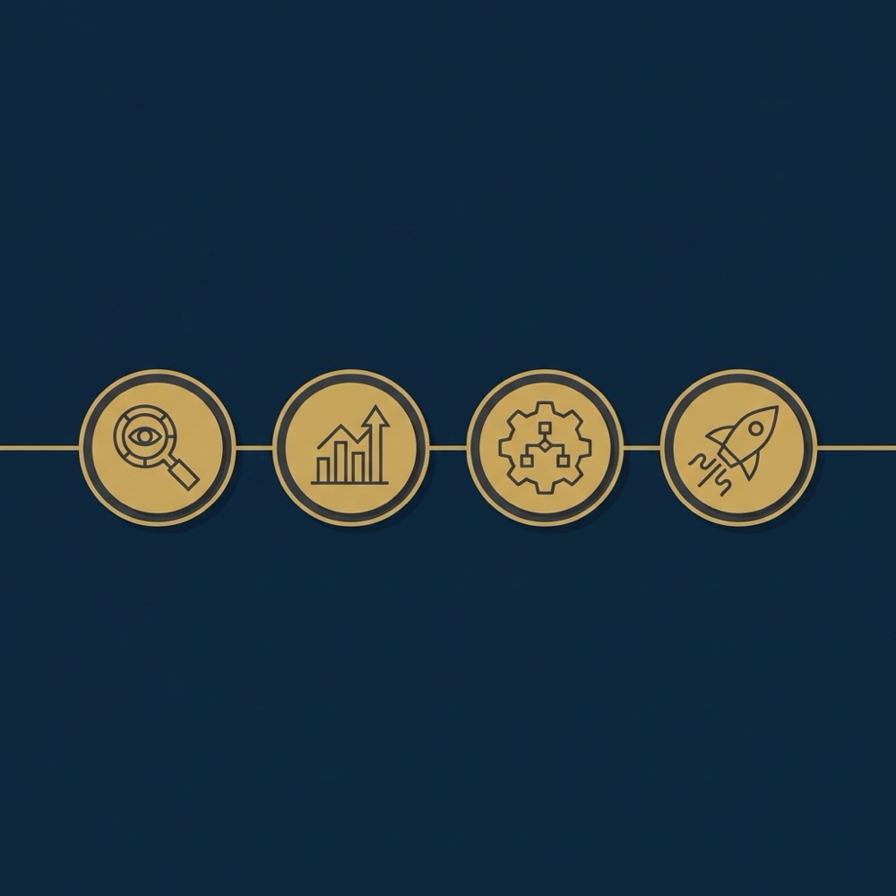 Minimal 2D vector infographic of a four step diagnostic flow with a 90 day timeline in Orvus Ltd brand colors seo for startups
