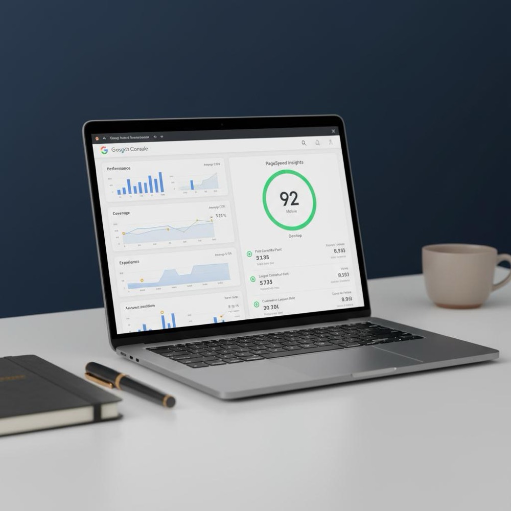 Close-up laptop screen showing Google Search Console and PageSpeed Insights reports on a clean desk with Orvus Ltd. #C8A45D accents and a blurred coffee cup, does google offer seo services