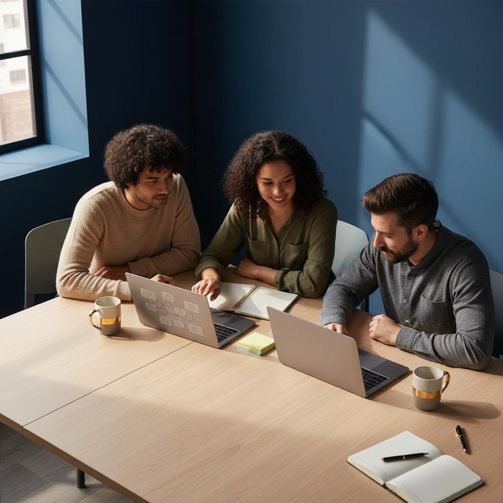 Content team planning at a minimalist desk with laptops and sticky notes, natural light, neutral tones, subtle #C8A45D gold accents on a mug and pen.
