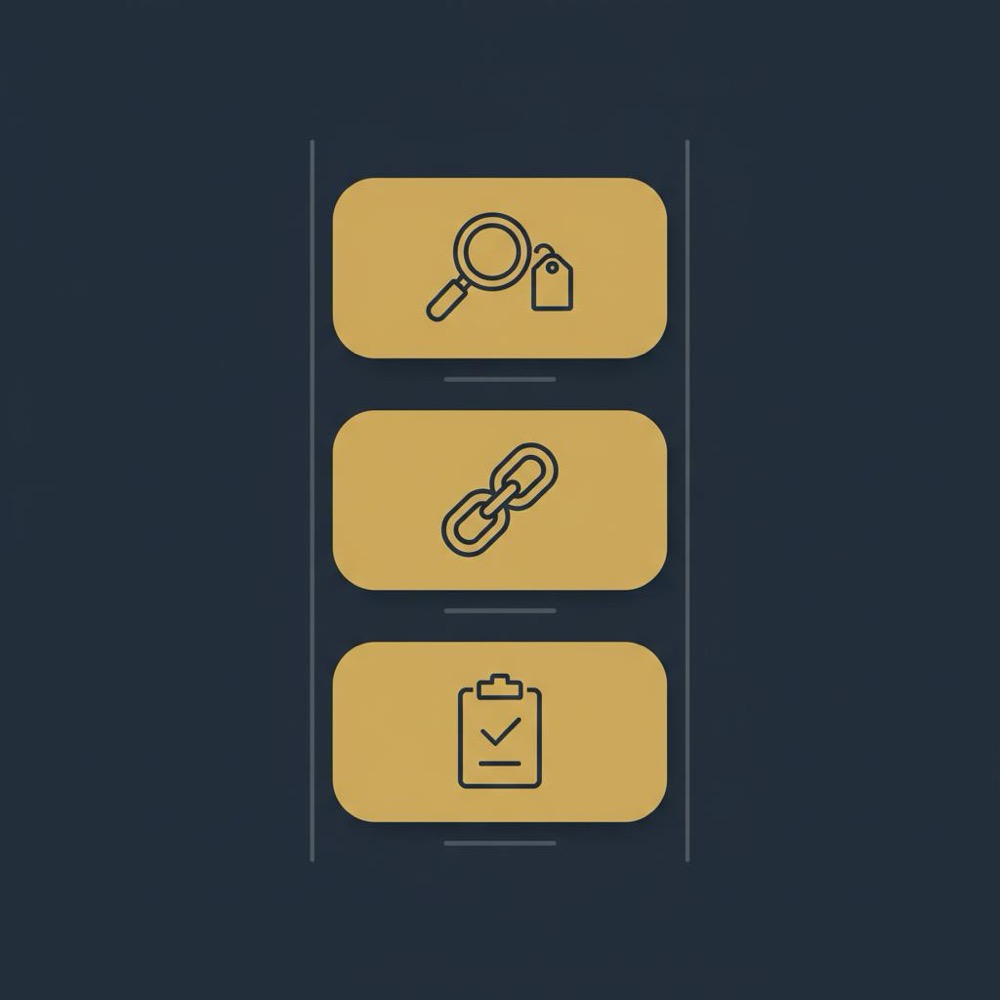 Minimal 2D vector infographic with three stacked modules represented by icons for keywords, backlinks and audits on Orvus palette - is ubersuggest better than ahrefs