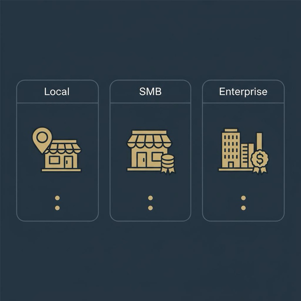 Minimal 2D vector infographic of three budget bands (Local, SMB, Enterprise) with simple icons on a dark blue Orvus Ltd. palette, a visual guide for seo pricing.