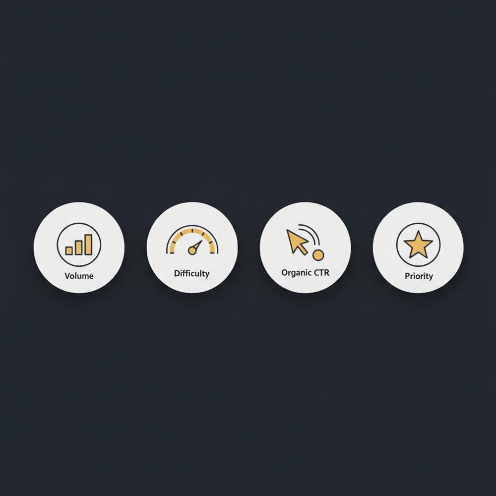 Compact 2D vector infographic with four minimalist icons for Volume, Difficulty, Organic CTR and Priority in Orvus brand colors for a moz keyword explorer tutorial