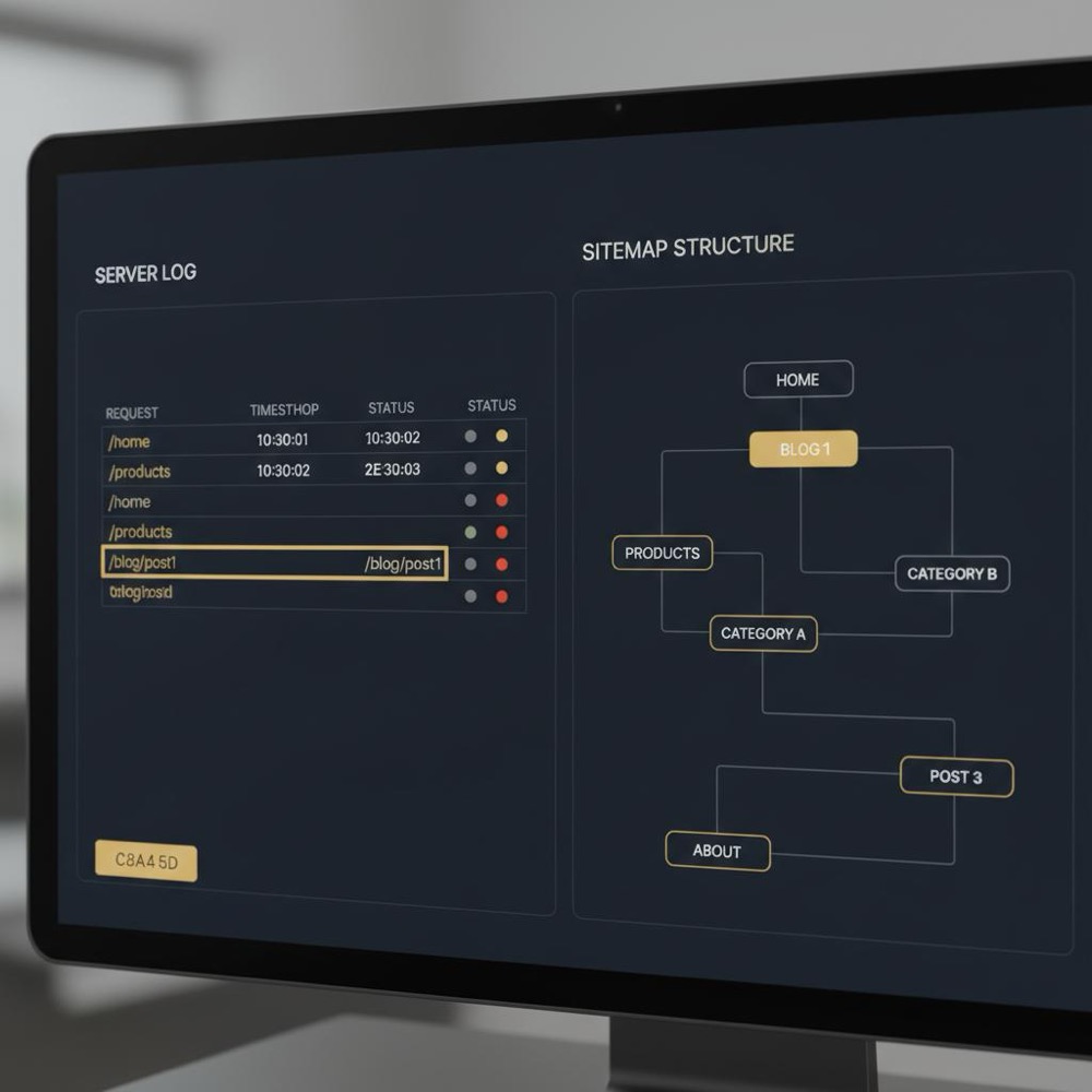 Close-up of a minimalist server dashboard with highlighted crawl requests and a sitemap tree diagram on a dark navy background, showing SEO data related to google ranking.