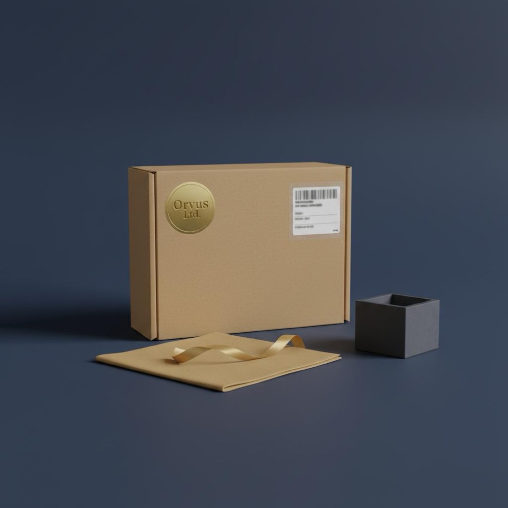 Neatly packed Etsy order on navy background with gold Orvus Ltd. accents, visible shipping label and minimalist packaging - make money on Etsy