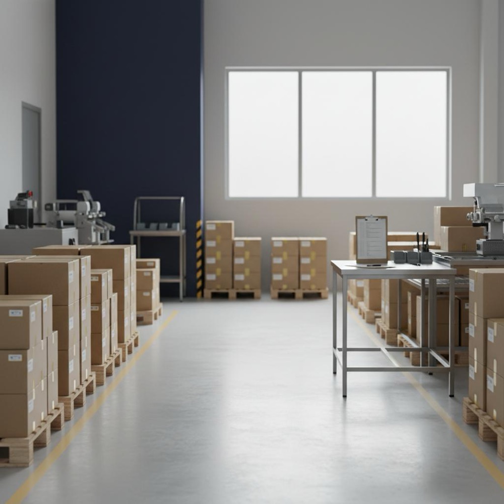 Semrush: well-organized Orvus Ltd packing floor with pallets, labeled boxes and a quality-check station, navy background #0B1E33 and gold highlights #C8A45D, no faces.