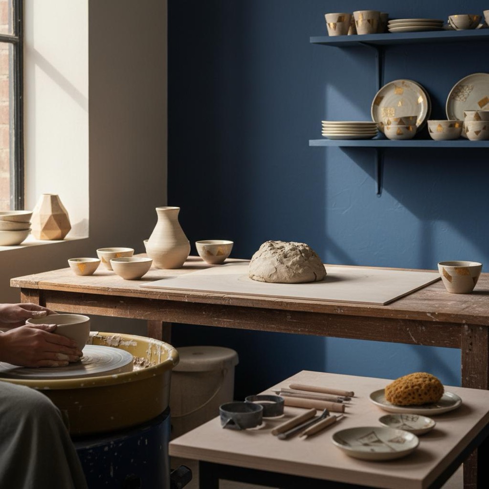 Minimalist pottery studio workspace with natural light, clay tools and gold-accented ceramics in an uncluttered scene for PageRank