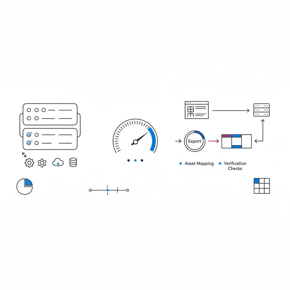 Vector notebook-style illustration of technical checklists, performance gauge and migration flowchart highlighting Wix disadvantages during site migration