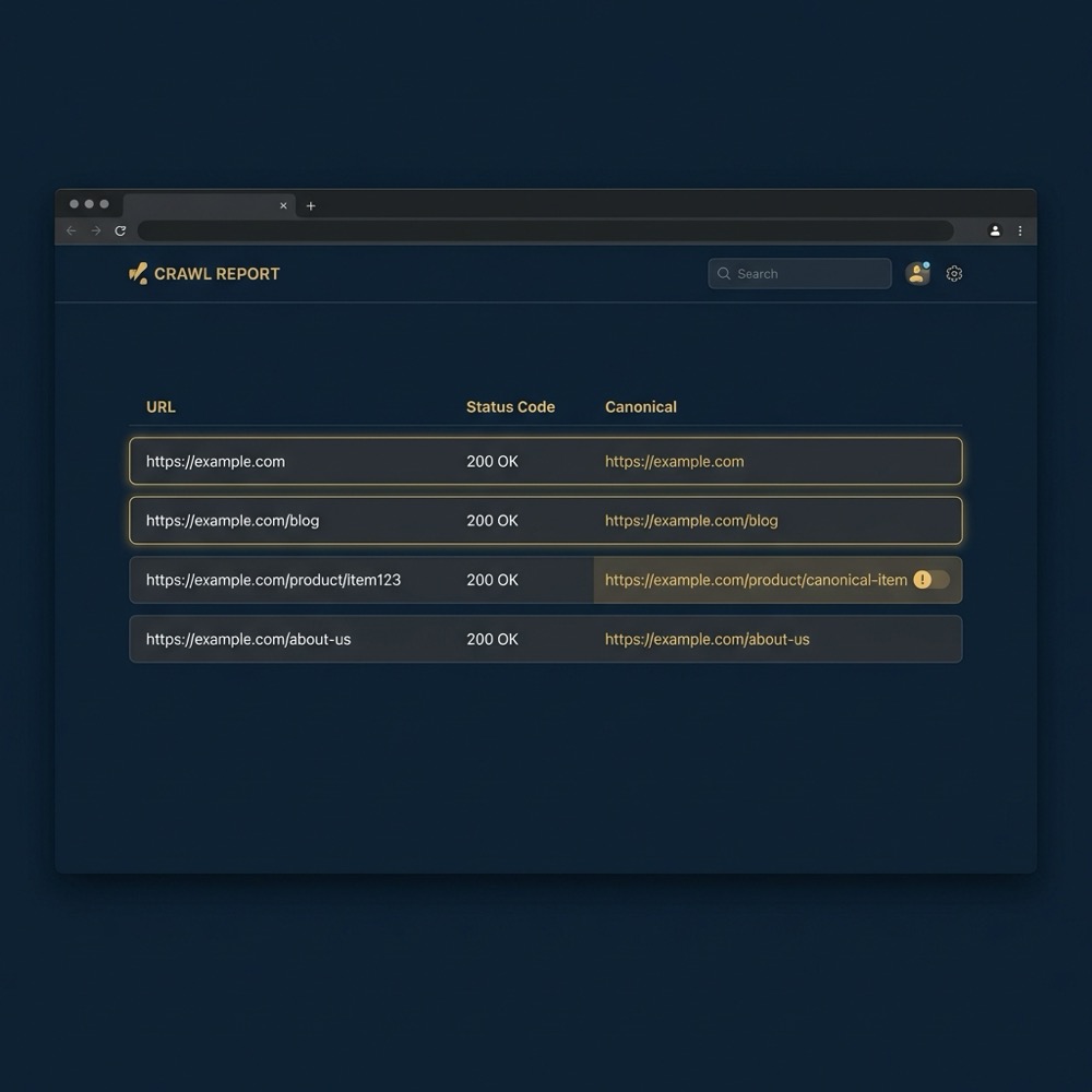 Minimalist site crawl report screenshot highlighting rel canonical tags and canonicalization seo issues on navy background with gold text and dark gray accents