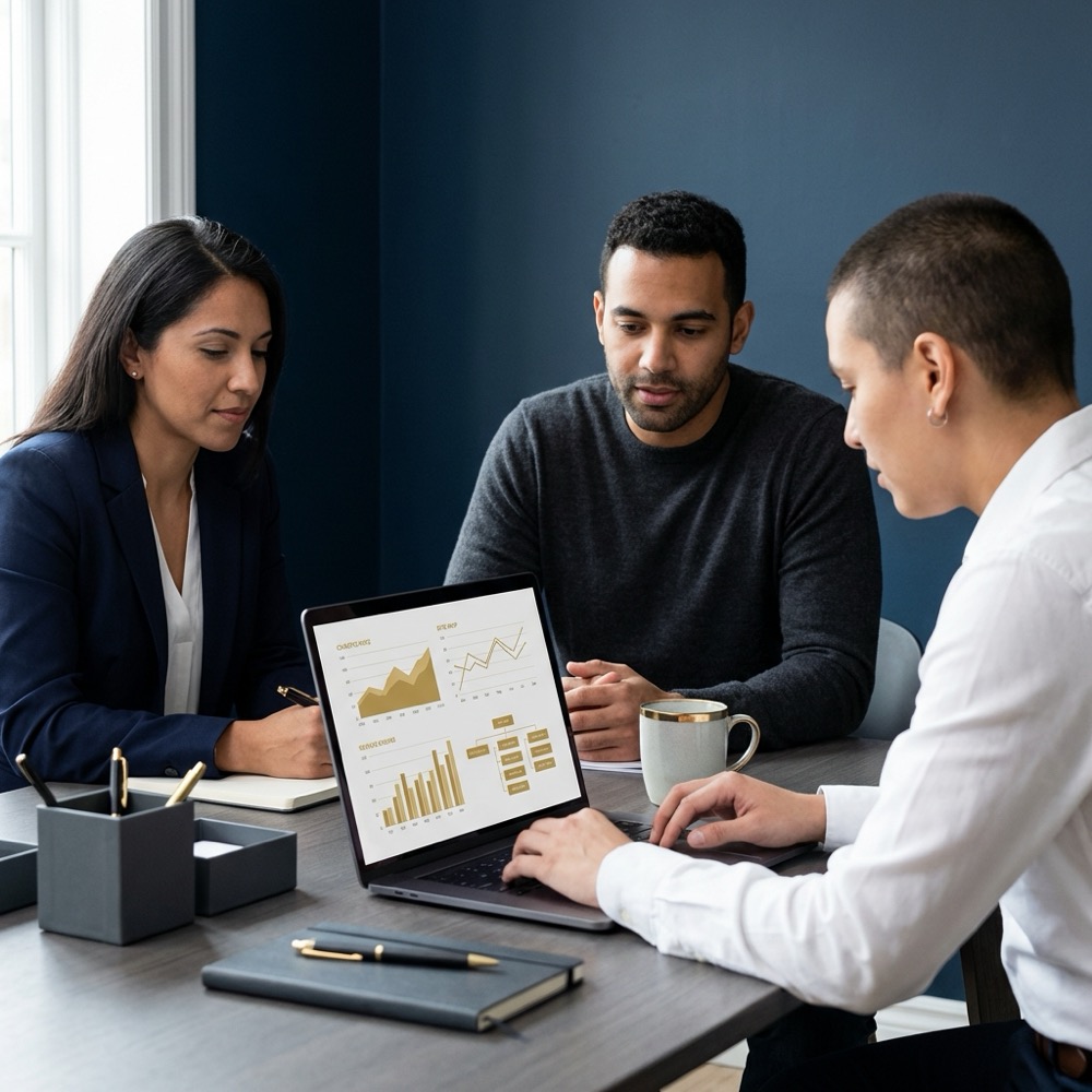 Small team reviewing analytics dashboards and a site map on a laptop in a minimalist workspace with deep navy background and warm gold accents internet marketing seo