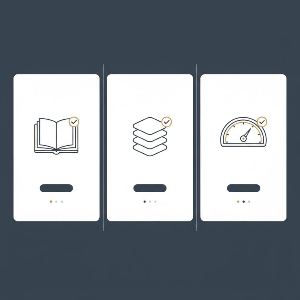 Minimal 2D vector infographic with three checklist icons for editorial guidance, schema coverage, and performance footprint for a rank math vs yoast article