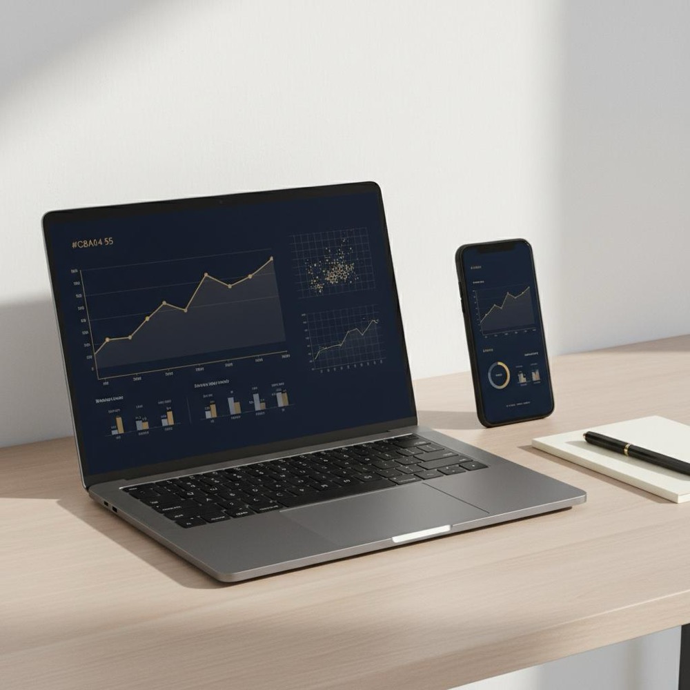 Minimalist desktop and smartphone displaying traffic dashboards with graphs and a map in Orvus Ltd. brand colors, natural lighting, clean layout - most visited website