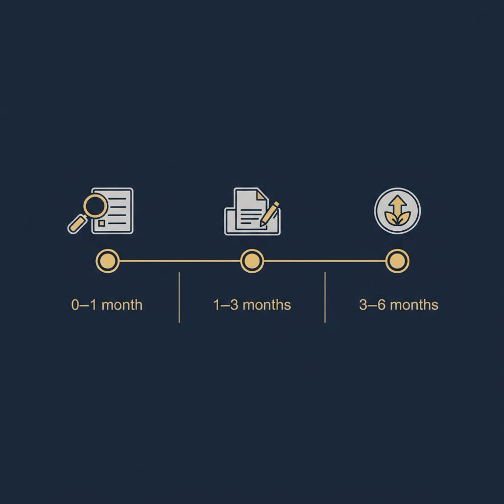 Minimalist vector timeline infographic for SEO on GoDaddy showing three phases with icons for audit, content, and growth on a navy background using Orvus Ltd. brand colors