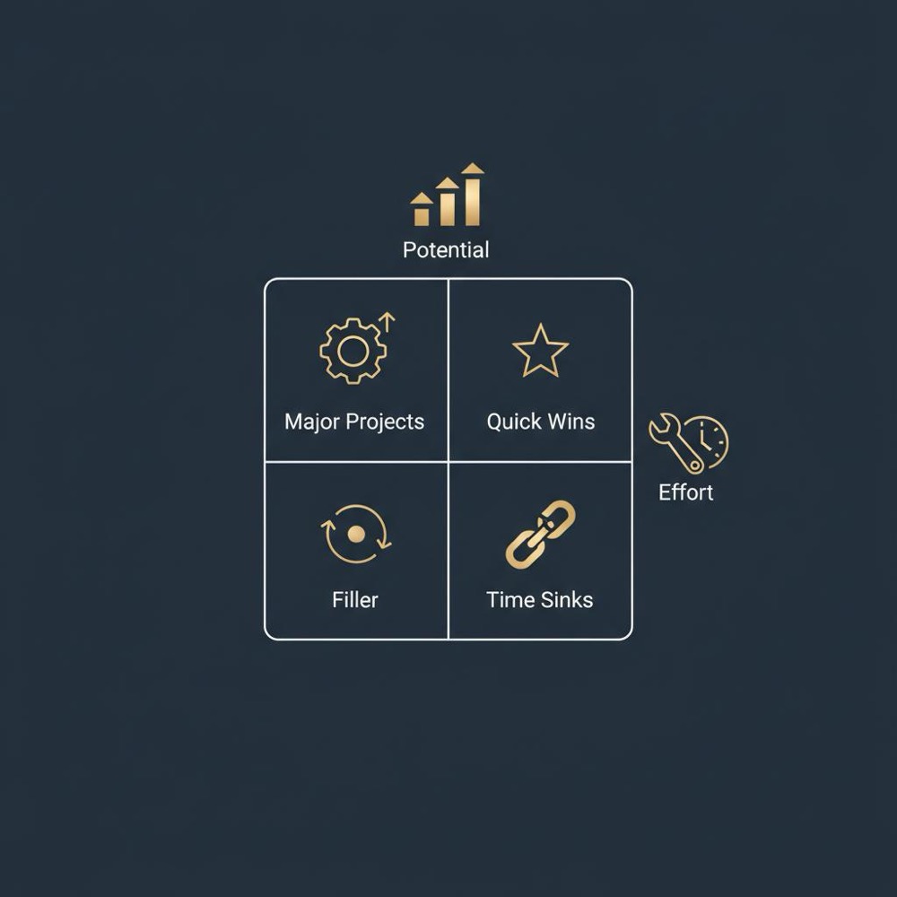 Minimal 2D vector prioritization matrix infographic four quadrants with icons representing potential and effort no text seo optimized content