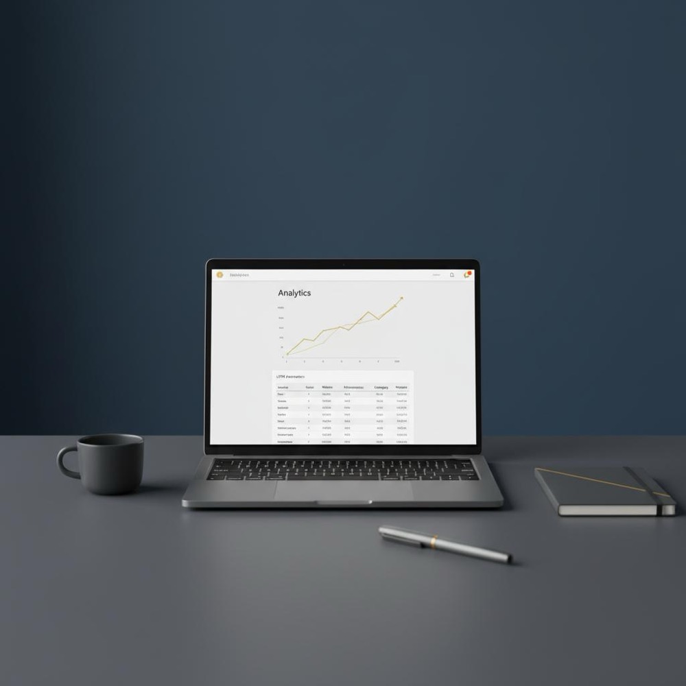 Minimal desktop workspace with laptop showing traffic graph and UTM parameters, coffee cup and notepad on deep blue #0B1E33 background - backlink pricing concept.