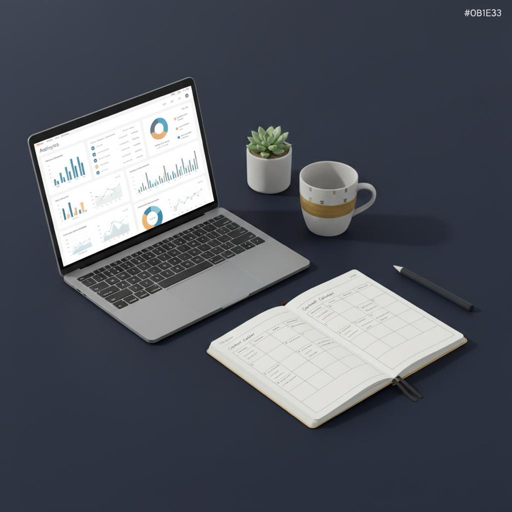 Tidy minimalist desk with laptop showing analytics dashboards, notebook with content calendar, plant and mug with #C8A45D accents for monthly SEO retainer