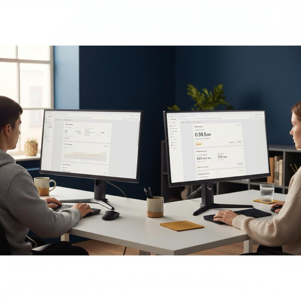 How do I check my SEO? Developer and marketer workstations showing Google Search Console and PageSpeed Insights dashboards in a minimalist Orvus Ltd. office with #0B1E33 and #C8A45D accents.