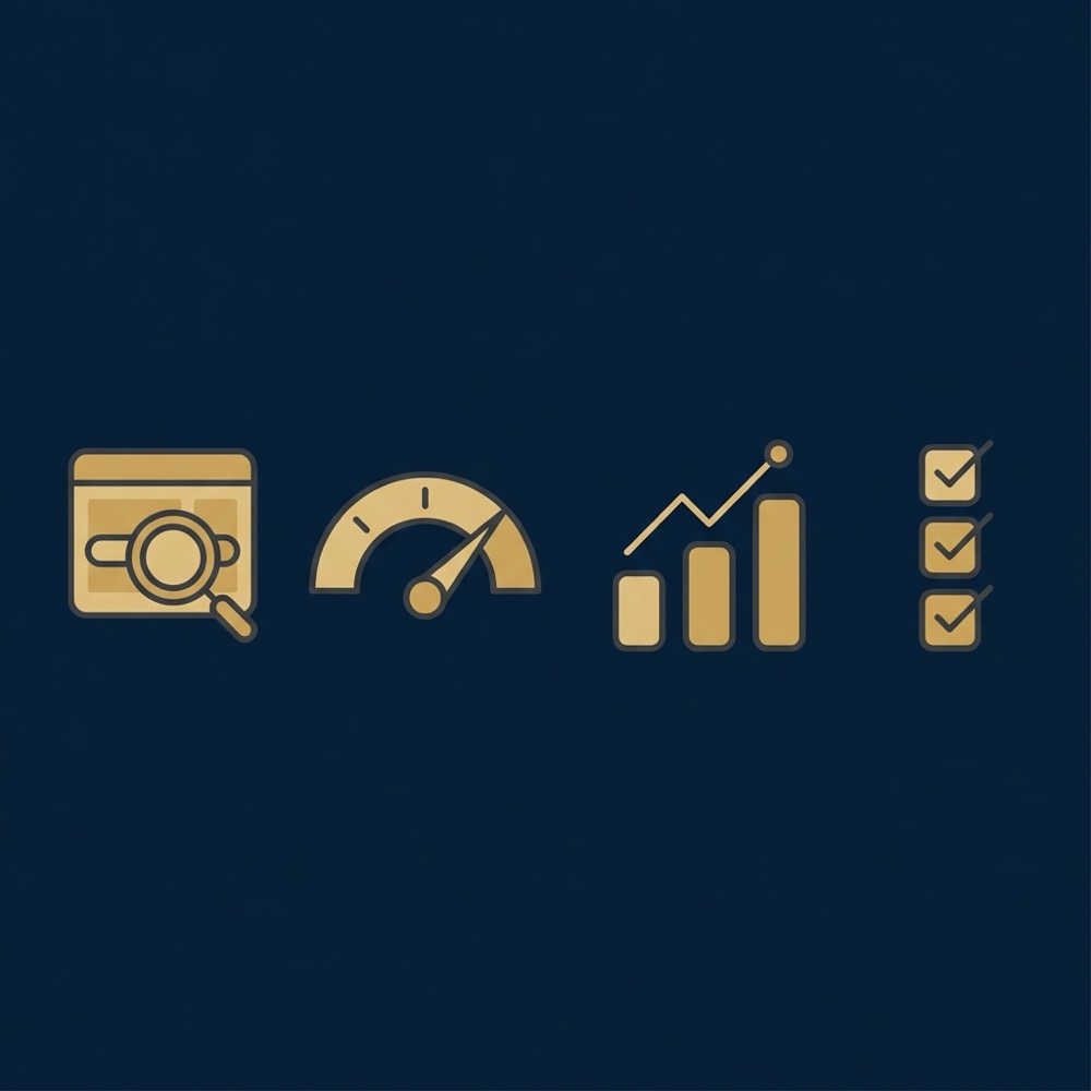 Minimalist 2D vector infographic with four icons for basic search engine optimization showing a browser magnifier speedometer analytics bars and a checklist on deep blue background