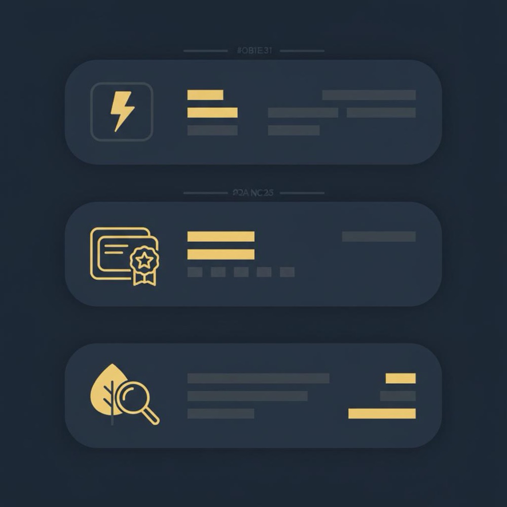 SEO infographic of three stacked panels with gold vector icons representing quick answer, rich result and organic result on navy #0B1E33 with dark gray accents.