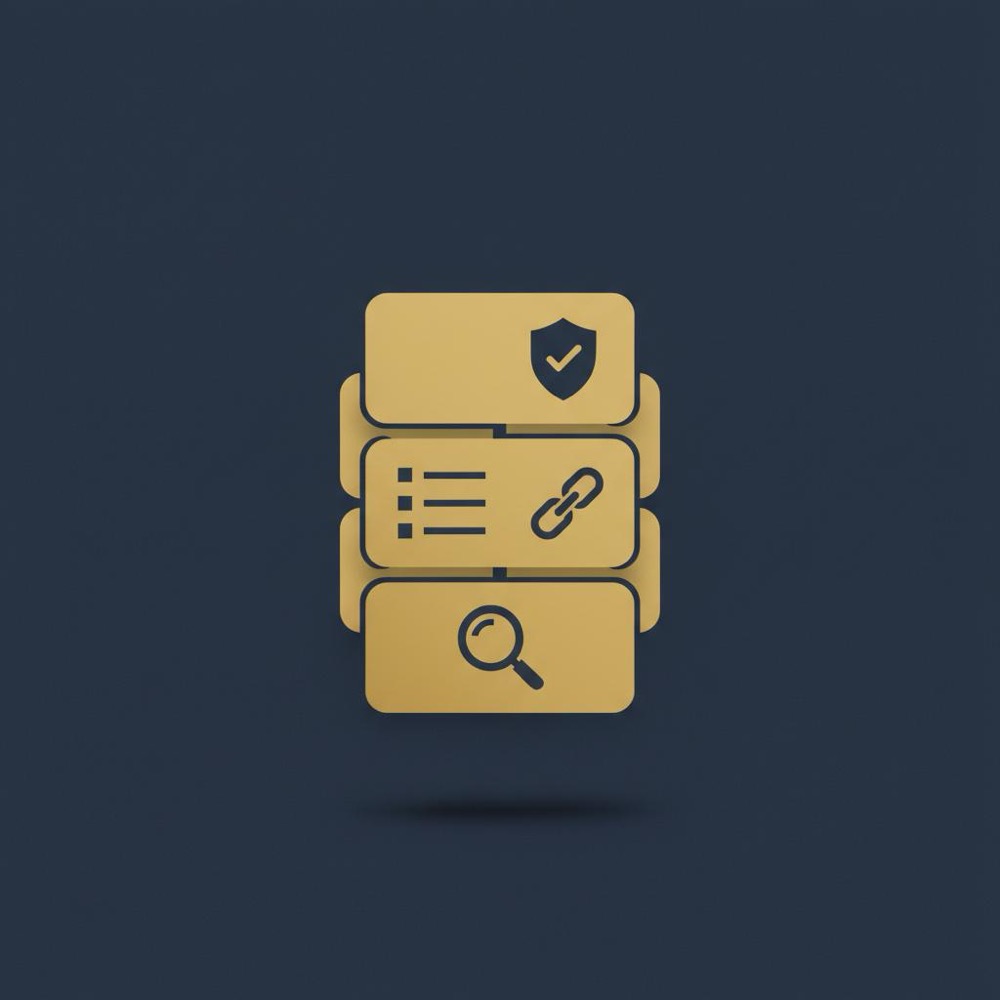 Minimal 2D vector infographic of four stacked endpoint cards (keywords, SERP, backlinks, audits) in Orvus Ltd. colors on dark #0B1E33 background with vector icons and subtle grain - dataforseo api