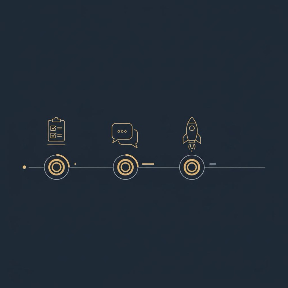 Minimal 2D vector 30/60/90 onboarding timeline infographic with three milestone icons (checklist, chat bubble, rocket) on dark blue background #0B1E33 using #C8A45D and #2E3237 - hire shopify expert