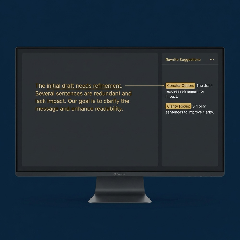 Clean modern text editor interface with a right side panel showing rewrite suggestions and highlighted changes in brand gold on deep navy background