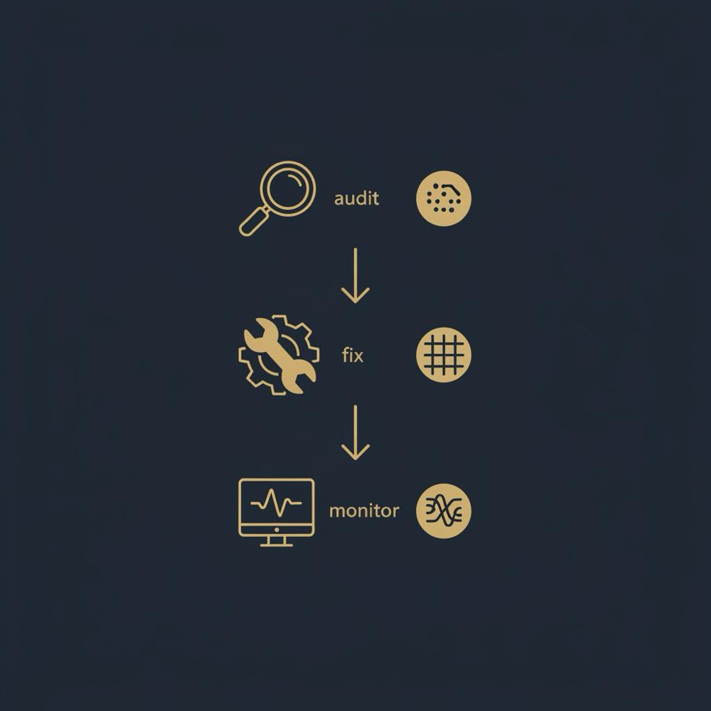 Minimal 2D vector vertical infographic with three gold-accented icons for audit, fix, monitor on dark navy background, abstract platform badges - best ecommerce platform for seo