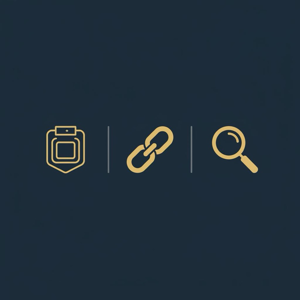Minimal 2D vector infographic with layered brand, links, and search icons aligned horizontally on dark navy background with gold accents - what is BA in Moz